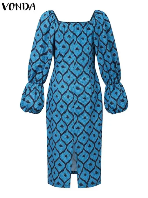 Bohemian Printed Midi Dress with Lantern Sleeves - Image 3