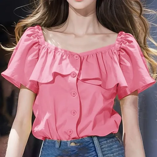 Elegant Women Square Collar Ruffled Summer Blouse - Image 5