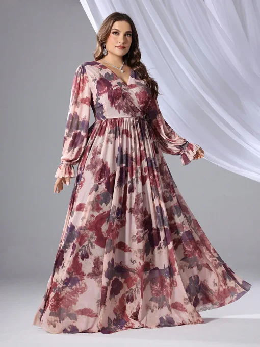 Plus Size V-Neck Long Sleeve Floral Print Maxi Dress - Image 2