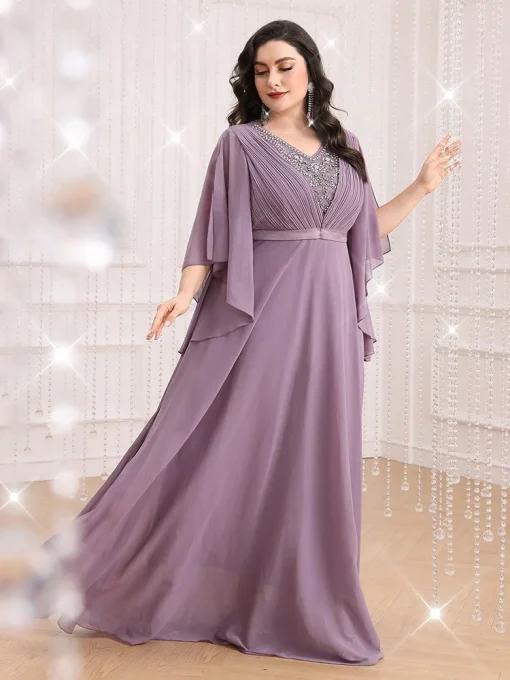 Plus Size V-Neck Solid Rhinestone Decorated Split Sleeve Dress - Image 2