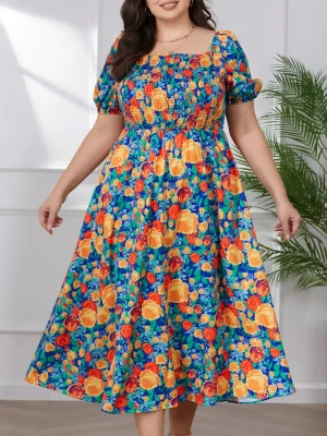 Plus Size Printed A-Line Dress with Square Neck