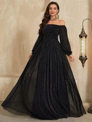 Elegant Floor-Length A-Line Lantern Sleeve Party Dress
