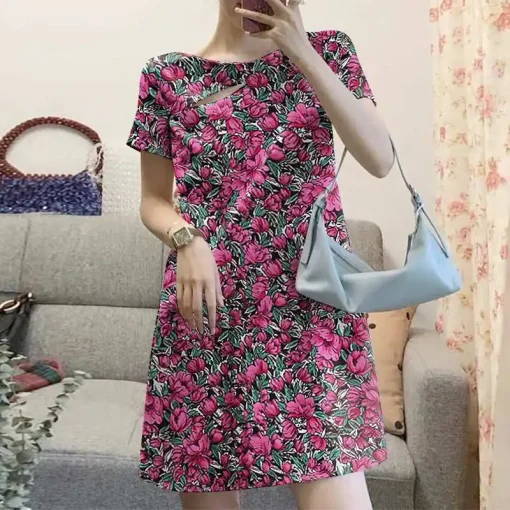 Women Summer Short Sleeve Floral Printed Mini Sundress