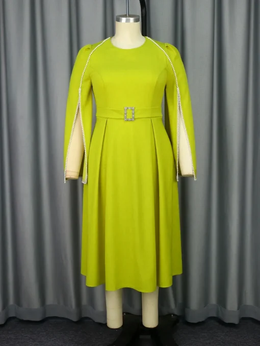 Classic Pleated Solid Color Beaded A-Line Long Sleeve Dress - Image 5