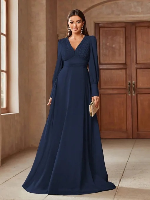 Luxury Elegant V-Neck Solid Color Long Sleeve Evening Dress