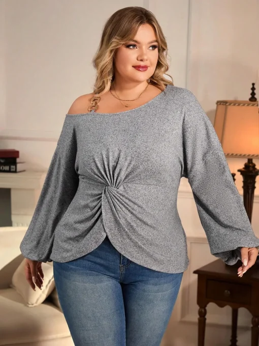 Plus Size Women’s Polo Collar One-Shoulder Long Sleeve T-Shirt - Image 2