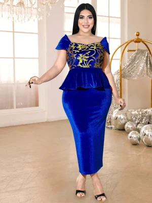 Vintage Blue Velvet Off-Shoulder Party Dress for Women