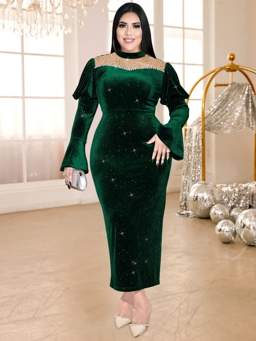 Luxury Retro Green Velvet Maxi Dress with Beaded Neck