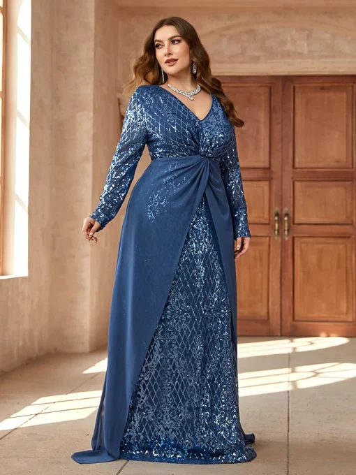 Plus Size Twist Knot Sequin Plaid Evening Gown - Image 5