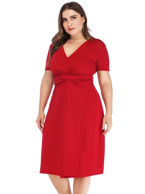 Plus Size V-Neck High Waist Casual Midi Dress - Image 2