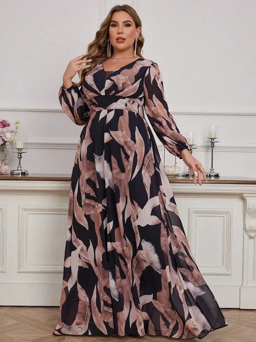 Floral Print Lantern Sleeve Split Thigh Plus Size Dress - Image 2