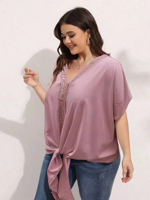 Cute Pink V-Neck Pleated T-Shirt with Bow Detail - Image 3