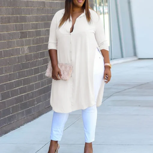 Plus Size Long Sleeve Lapel Tunic Top