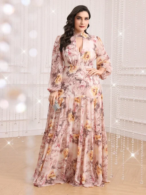 Plus Size Floral Print Keyhole Neck Long Sleeve Dress - Image 2