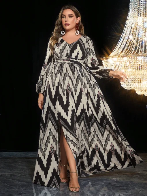 Plus Size Herringbone Pattern Printed Long Sleeve Maxi Dress