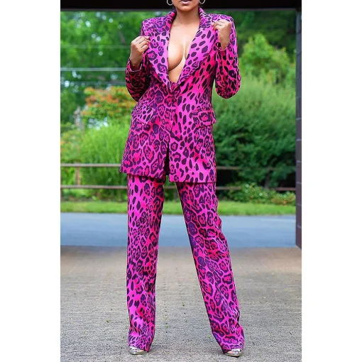 Plus Size Magenta Leopard Print Blazer Pant Set