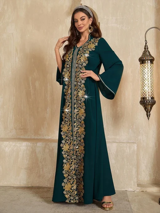 Floor-Length Muslim Ice Silk Crepe Dress with Trumpet Sleeves - Image 3