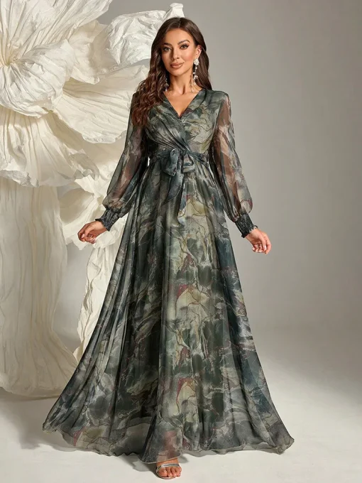 Women's Cross Wrap Floral Print Long Sleeve Maxi Dress - Image 5