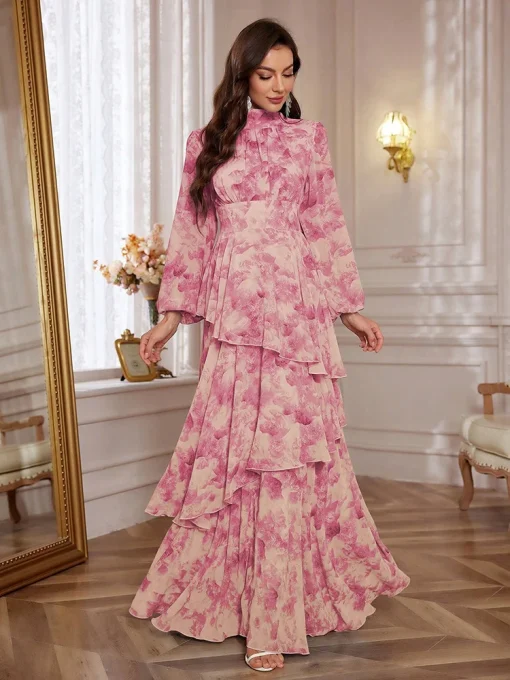 Floral Print Lantern Sleeve Ruffle Trim Chiffon Maxi Dress