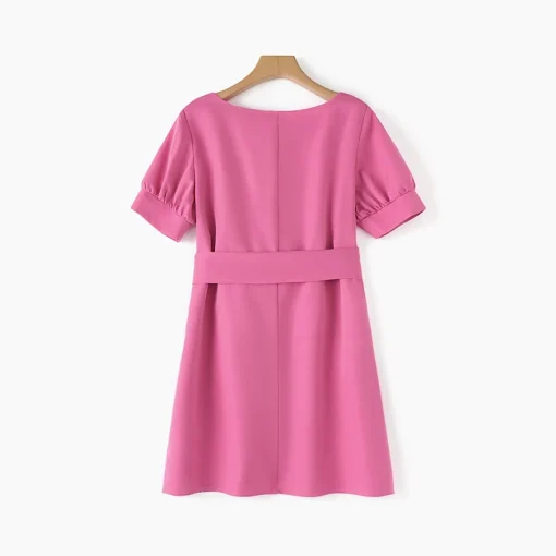 Women's Elegant Puff Sleeve Belted Mini Summer Dress - Image 6