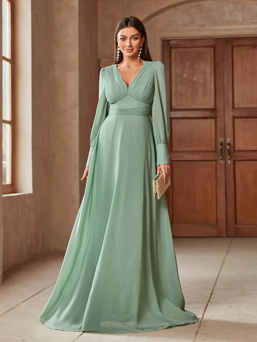 Luxury Elegant V-Neck Solid Color Long Sleeve Evening Dress