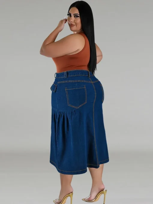 Plus Size High Waist Button A-Line Denim Midi Skirt - Image 3