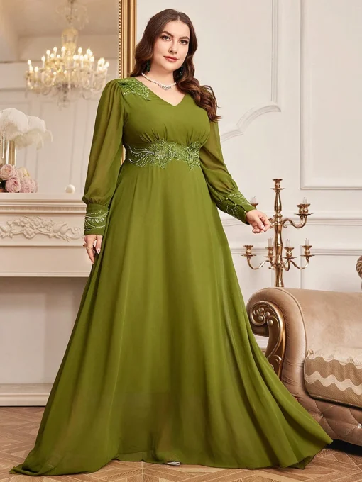 Luxury Elegant Long Sleeve Plus Size Embroidery Maxi Party Dress - Image 6