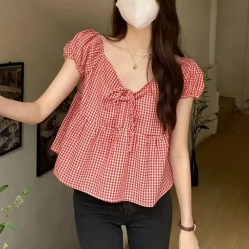 Women's Plaid V-Neck Bohemian Short Sleeve Blouse