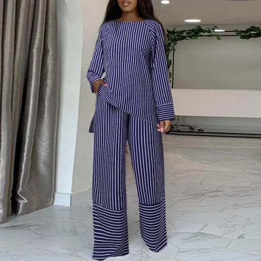 Elegant Stripe Pant Set with Long Sleeve Top