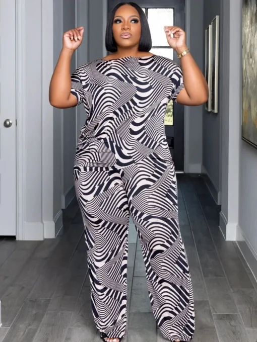 Plus Size Summer Matching Set Printed Top and Pants