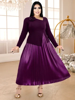 Modest Purple Pleated A-Line Dress with Skew Collar