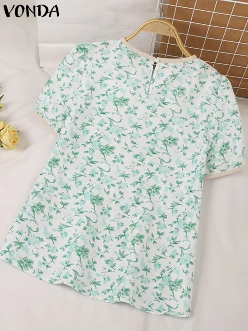 Women’s Elegant Floral Printed Short Sleeve Blouse - Image 3