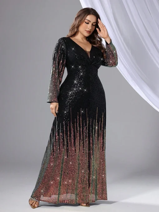 Elegant Plus Size Sequin Bead Long Sleeve Evening Gown - Image 4