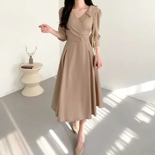 Women's Elegant Solid Color Midi Dress - Image 8