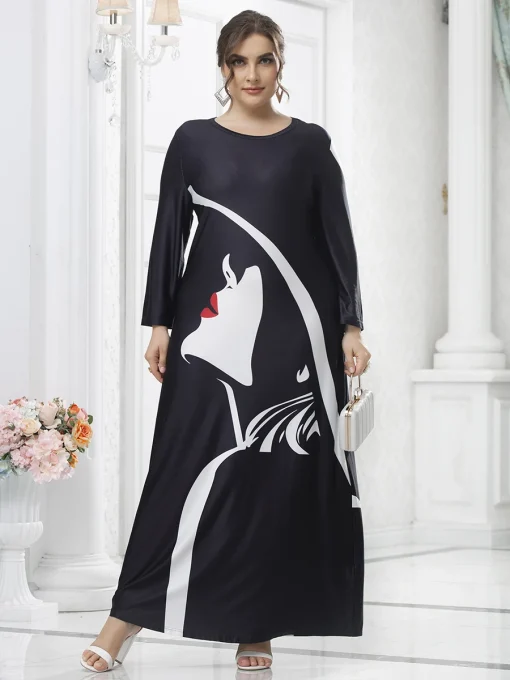 Plus Size Black Long Sleeve Print Casual Maxi Dress