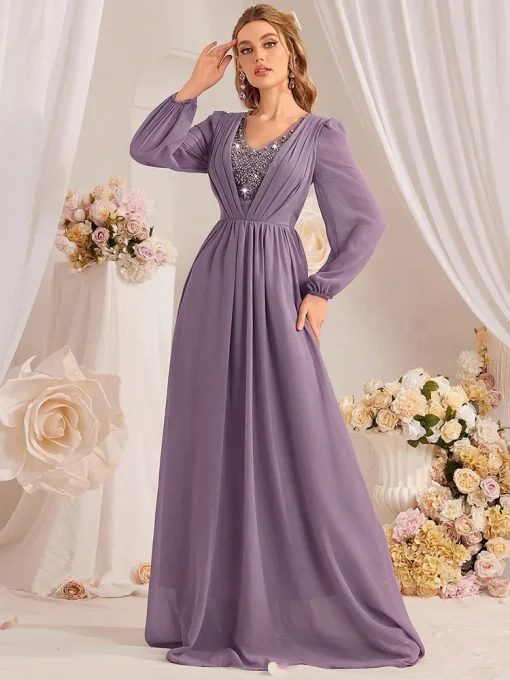 Elegant Purple Beaded Maxi Dress with Lantern Sleeves - Image 3