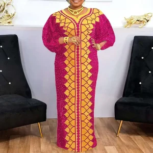 Plus Size Vintage V-Neck Puff Sleeve Maxi Dress