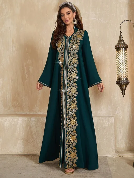 Floor-Length Muslim Ice Silk Crepe Dress with Trumpet Sleeves