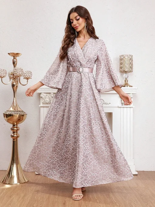 Elegant Arabian Print Flare Sleeve Belted Wrap Party Dress