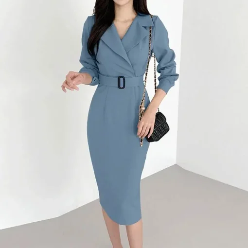 Elegant Women’s Belted Long Sleeve Midi Shirt Dress