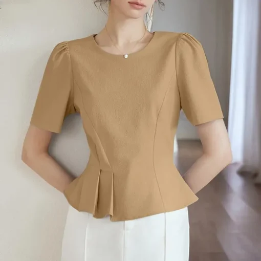 Elegant Summer Office Blouse with Short Puff Sleeves