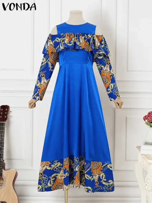 Women's Vintage Ruffle Cold Shoulder Maxi Dress - Image 3