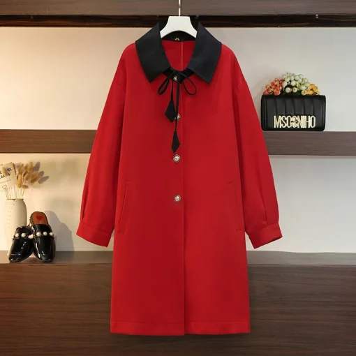 Plus Size Women's Red Woolen Button Long Sleeve Overcoat - Image 5