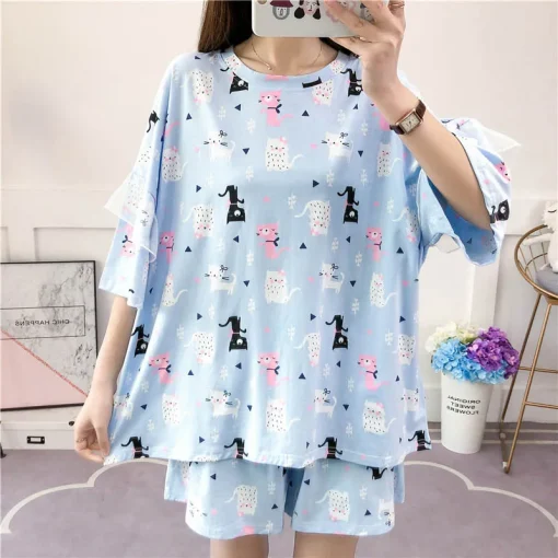 Plus Size Cartoon Pajama Set with Loose Shorts - Image 4