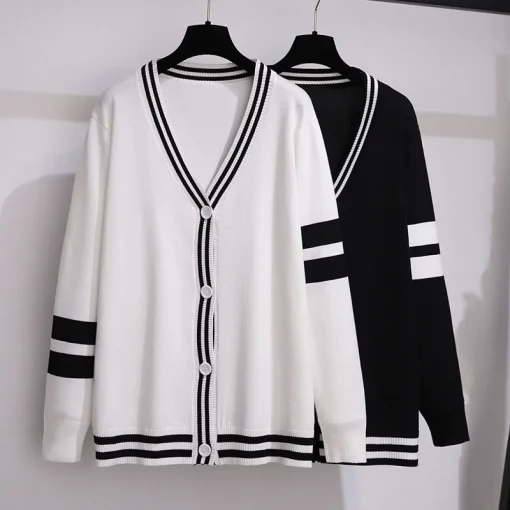 Plus Size Women's Loose V-neck Striped Knitted Cardigan Sweater - Image 4