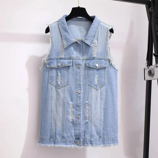 Plus Size Spring Autumn Loose Denim Fringed Vest Coat