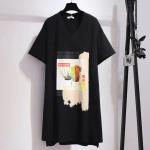 Plus Size Summer Loose Printed V-Neck Front Short Back Long Dress