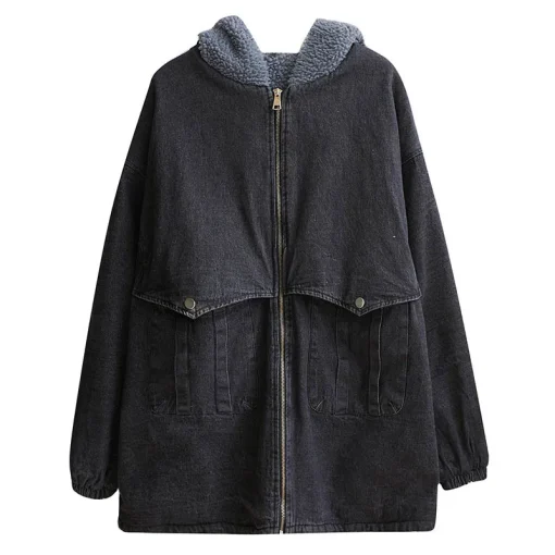 Plus Size Women's Winter Loose Hooded Fleece Denim Jacket