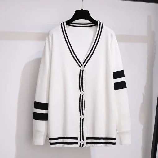 Plus Size Women's Loose V-neck Striped Knitted Cardigan Sweater - Image 2