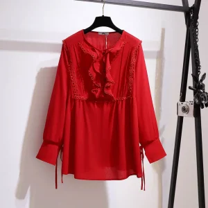 Plus Size Spring Autumn Loose Chiffon Long Sleeve Shirt